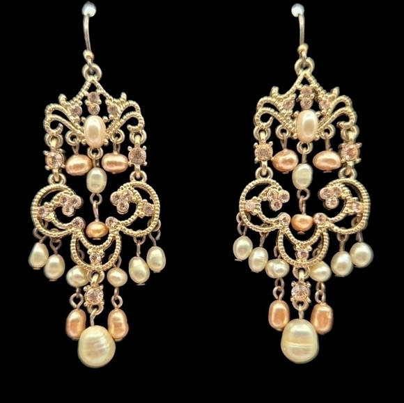 Liz Claiborne Vintage Gold Tone Pearl Dangle Chandelier Pierced Earrings…    - Picture 1 of 10